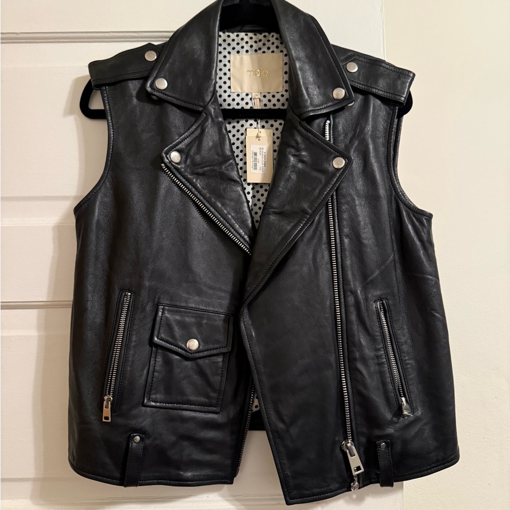 NWT Maje Black Leather Vest with Polka Dot Lining